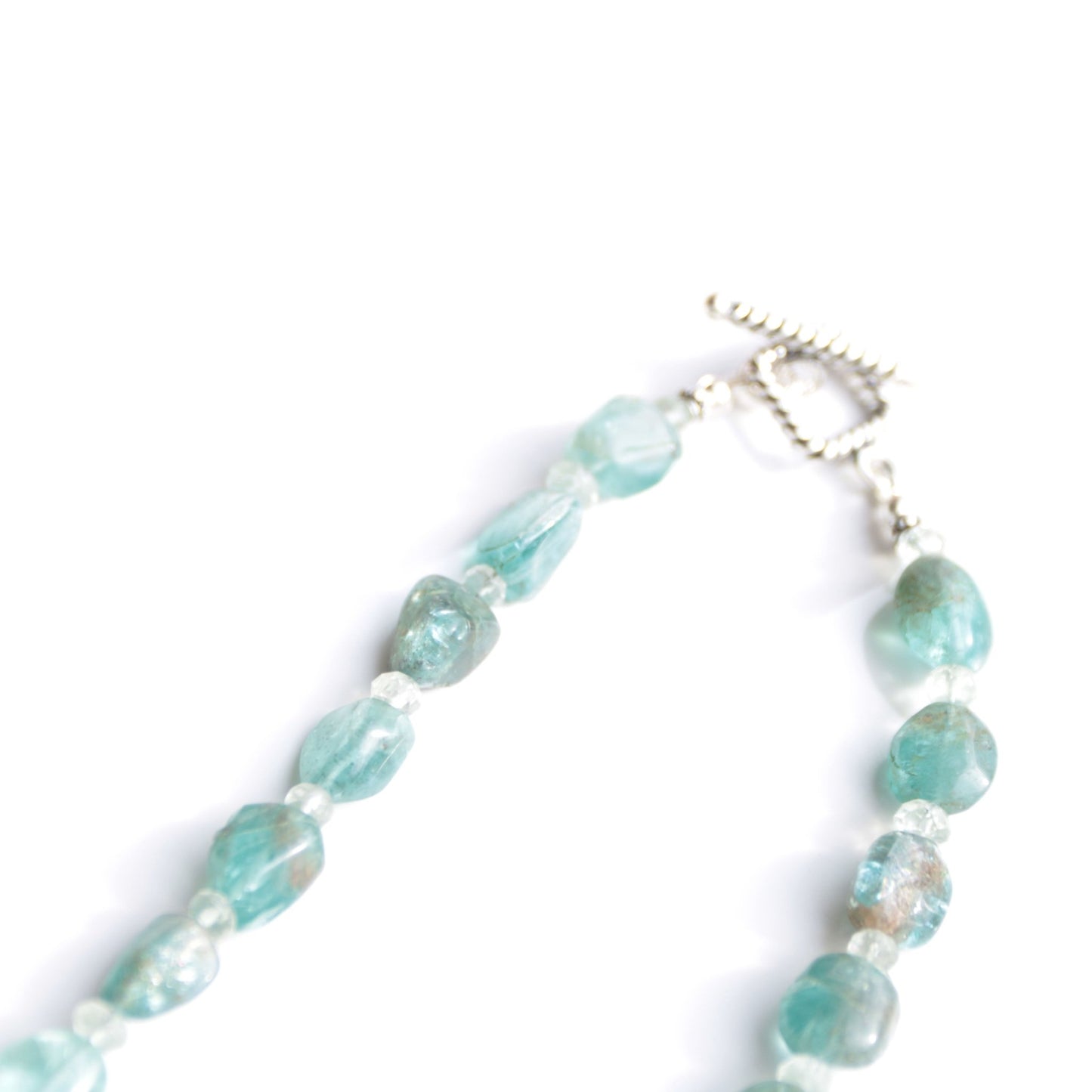 blue green Apatite nugget and aquamarine beaded necklace with sterling silver toggle carrie foscato design handmade USA