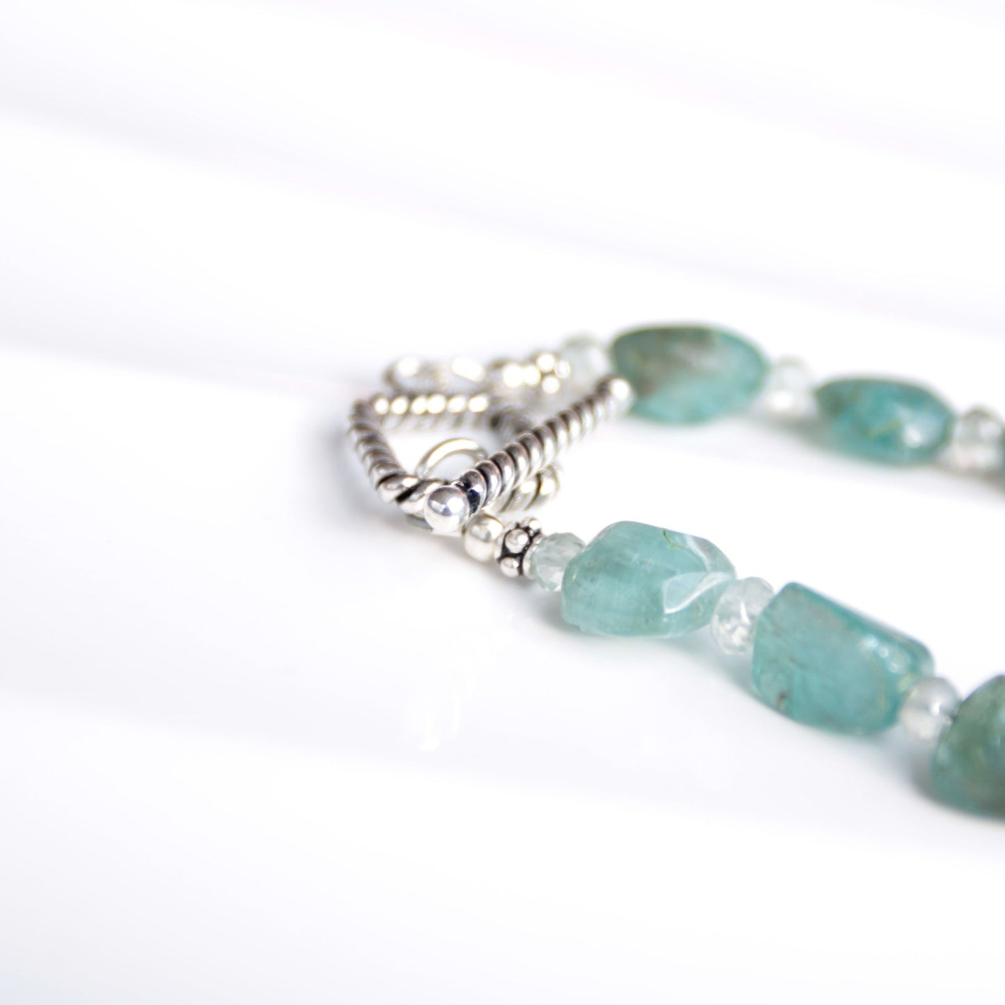blue green Apatite nugget and aquamarine beaded necklace with sterling silver toggle carrie foscato design handmade USA