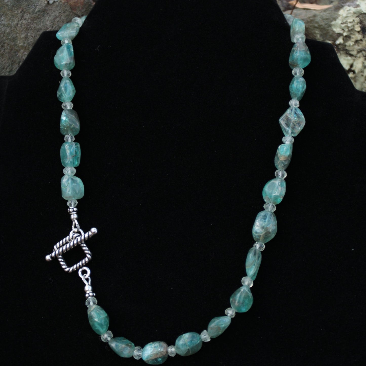 blue green Apatite nugget and aquamarine beaded necklace with sterling silver toggle carrie foscato design handmade USA