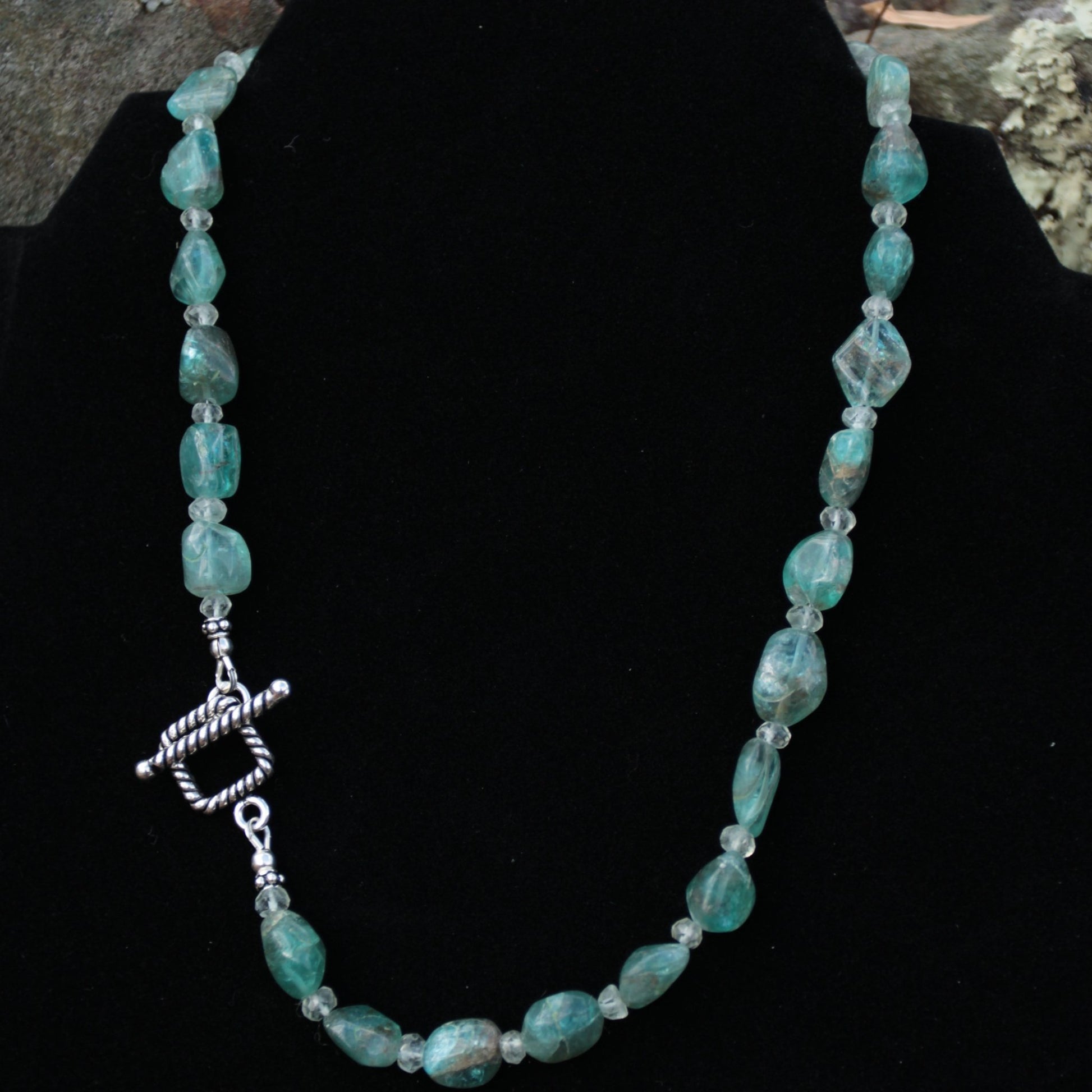 blue green Apatite nugget and aquamarine beaded necklace with sterling silver toggle carrie foscato design handmade USA