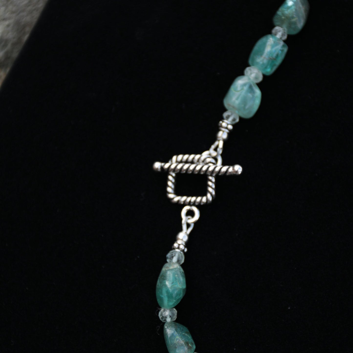 blue green Apatite nugget and aquamarine beaded necklace with sterling silver toggle carrie foscato design handmade USA