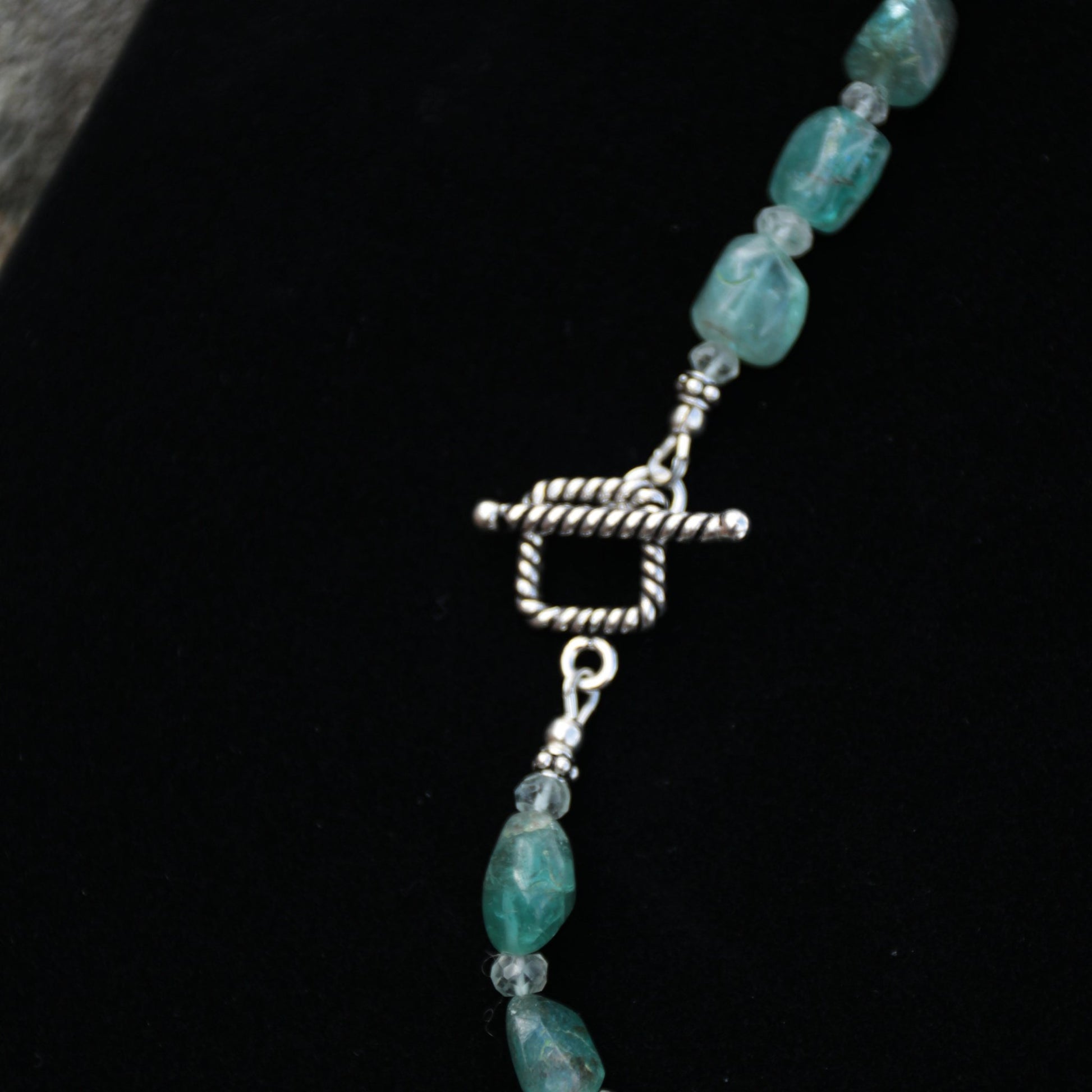 blue green Apatite nugget and aquamarine beaded necklace with sterling silver toggle carrie foscato design handmade USA