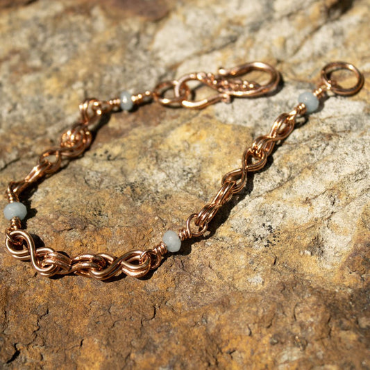 Copper Double Infinity Wire Wrapped Bracelet with Amazonite accent gemstones handmade by carrie foscato design USA
