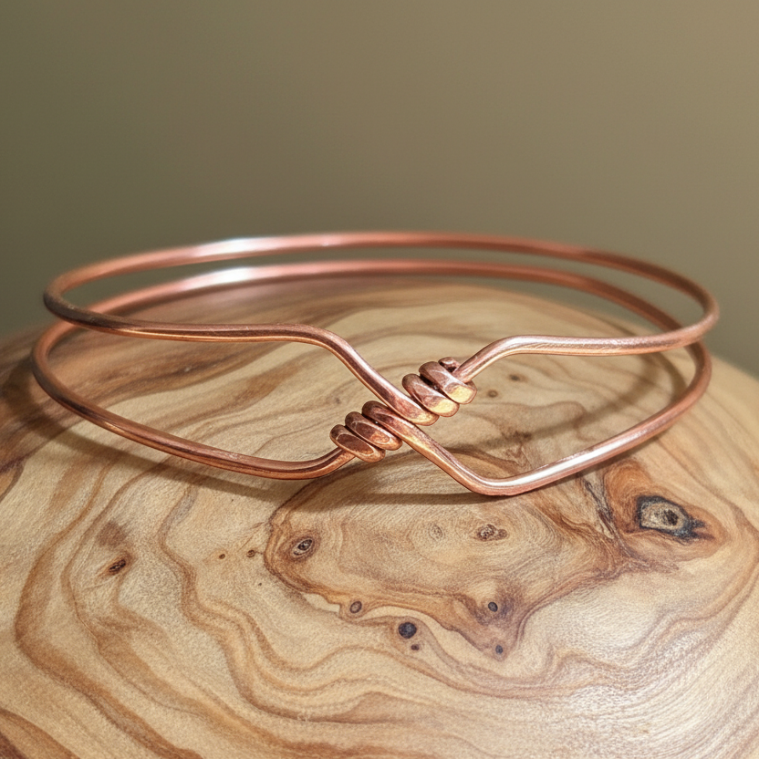 Copper bangle slid onto natural wood