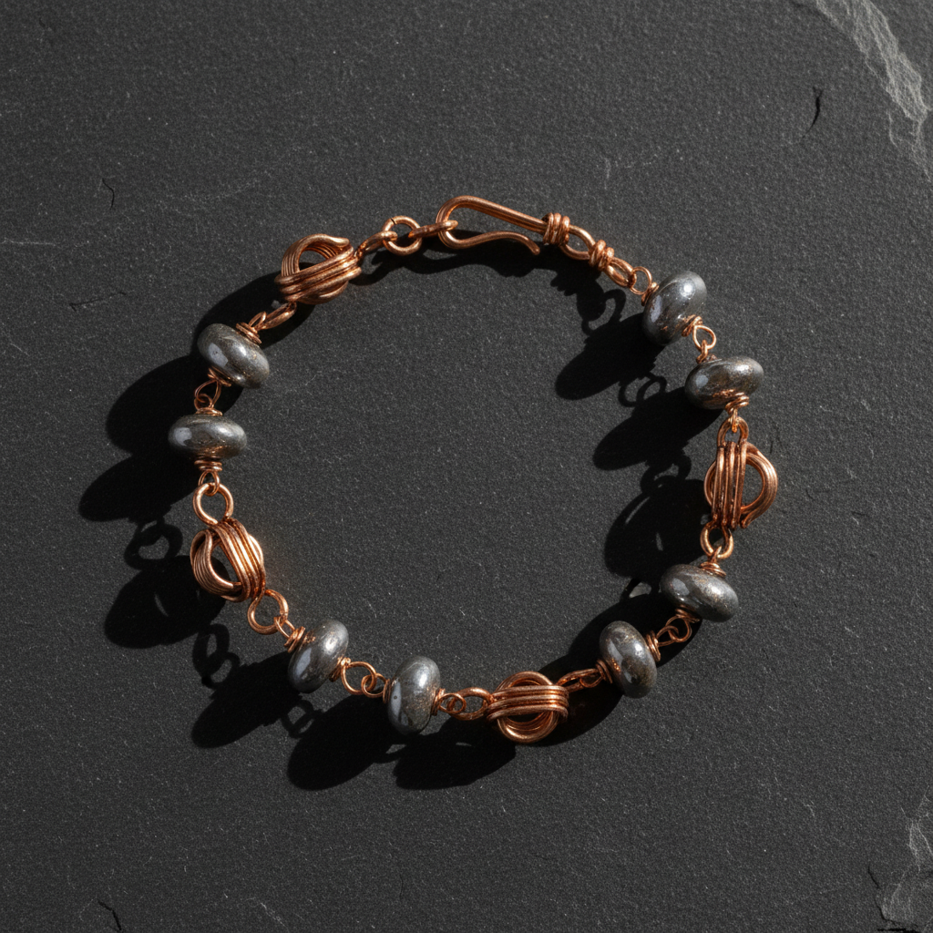 Copper bracelet flat lay on slate
