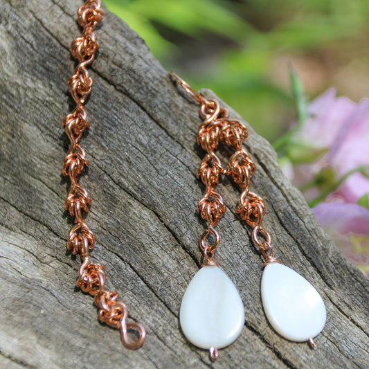 handmade chainmaille copper earrings with mother of pearl drop beads carrie foscato design