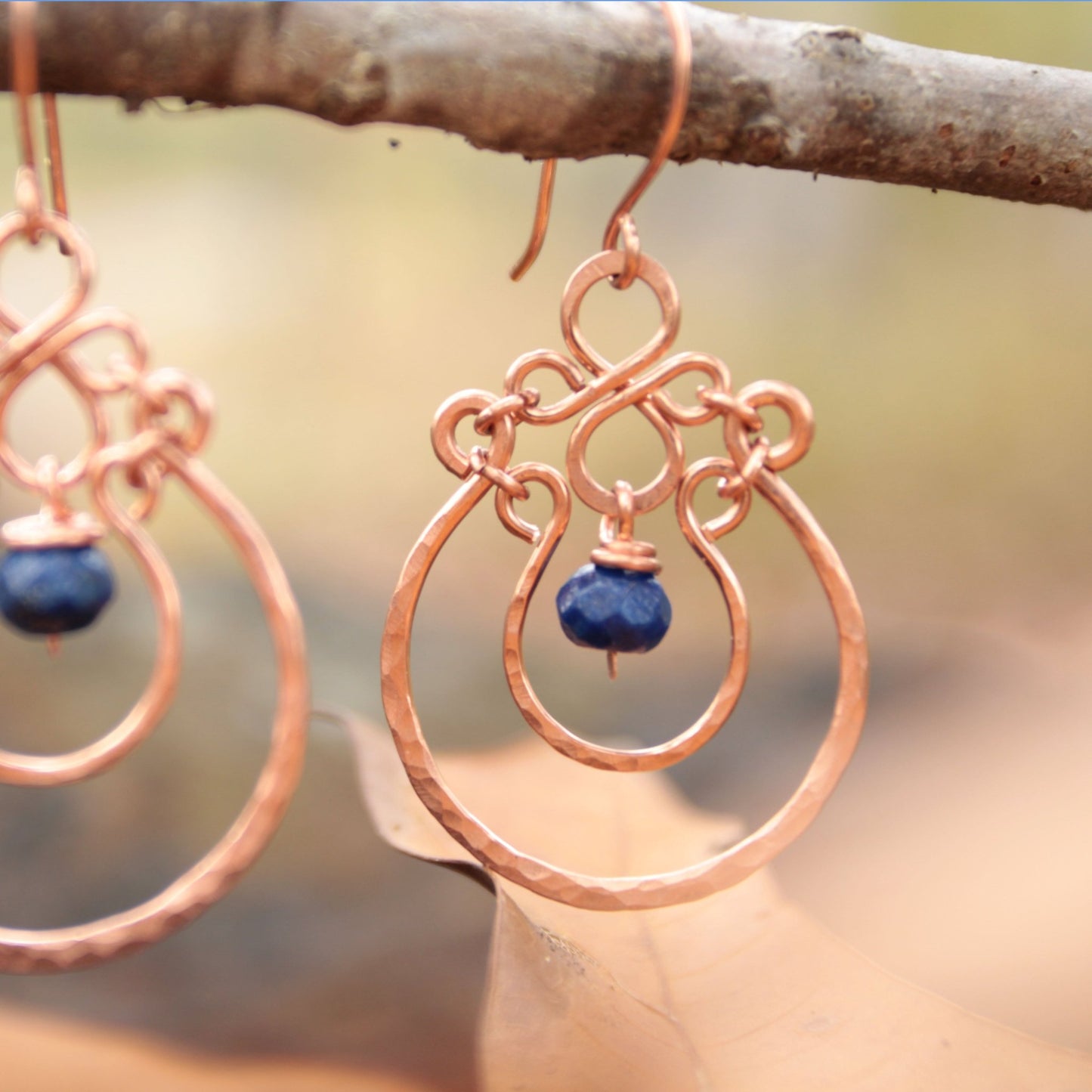 Copper Chandelier Earrings with Lapis Drops