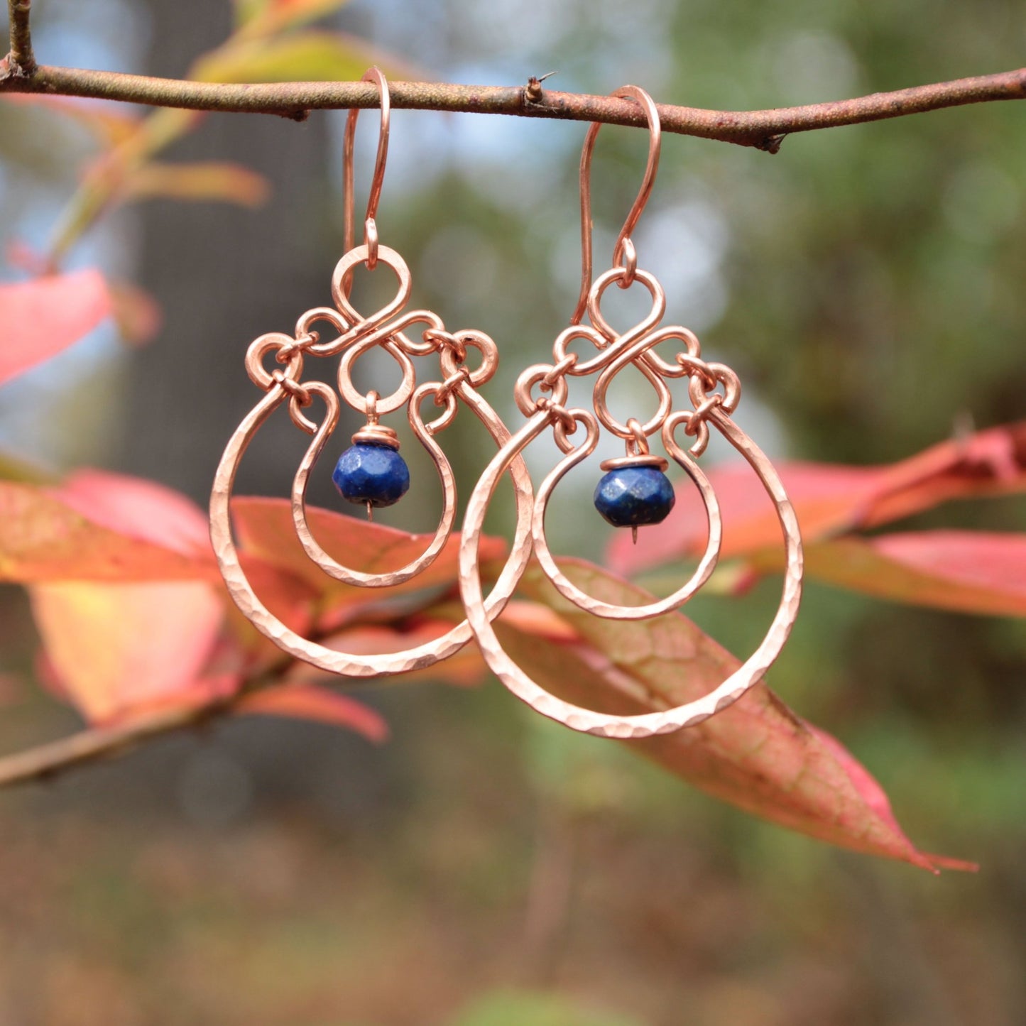 Copper Chandelier Earrings with Lapis Drops