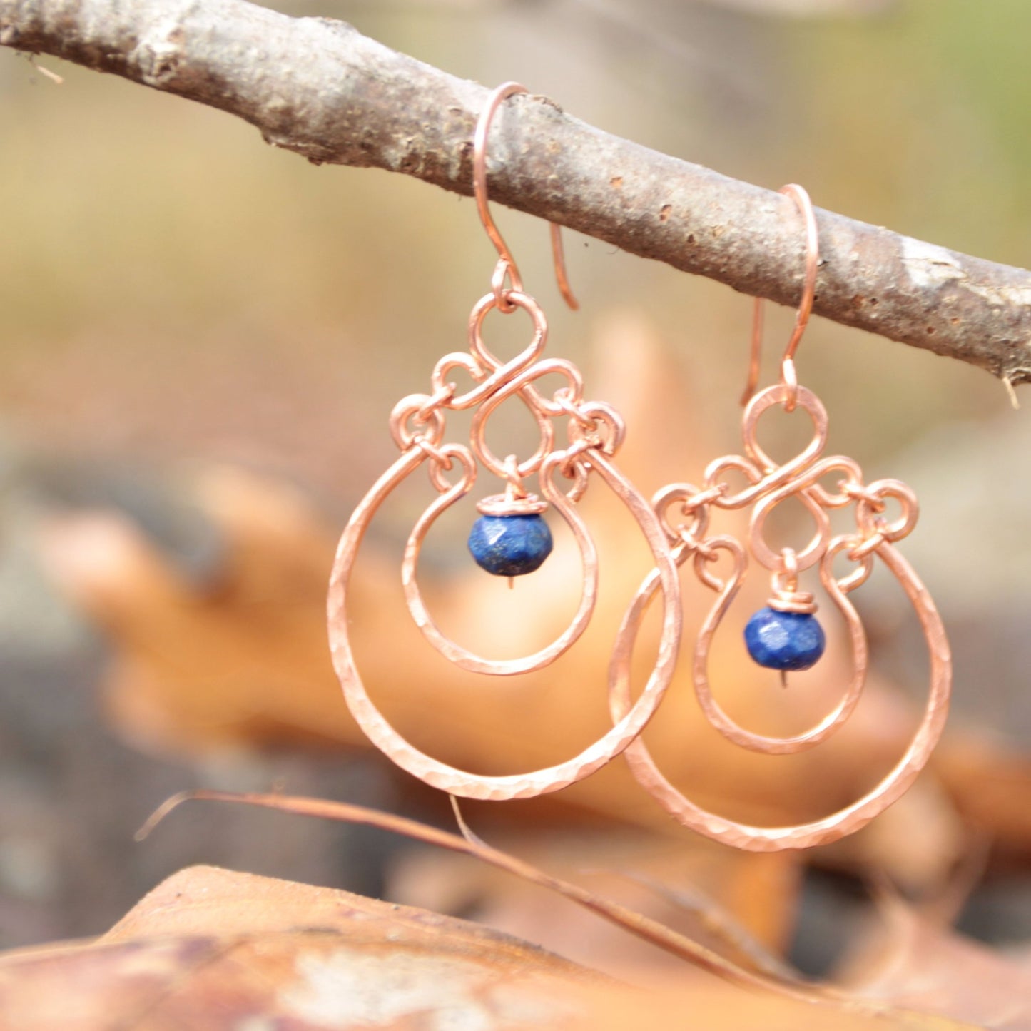 Copper Chandelier Earrings with Lapis Drops