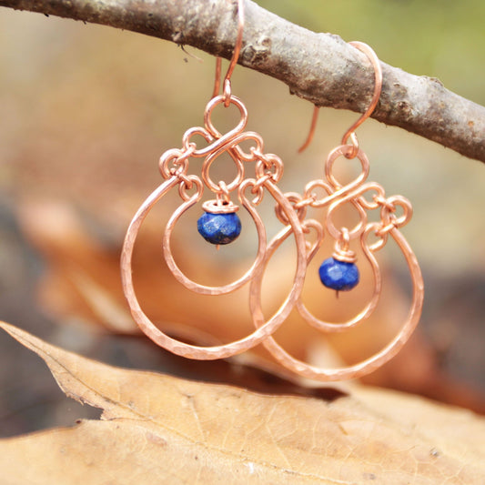 Copper Chandelier Earrings with Lapis Drops