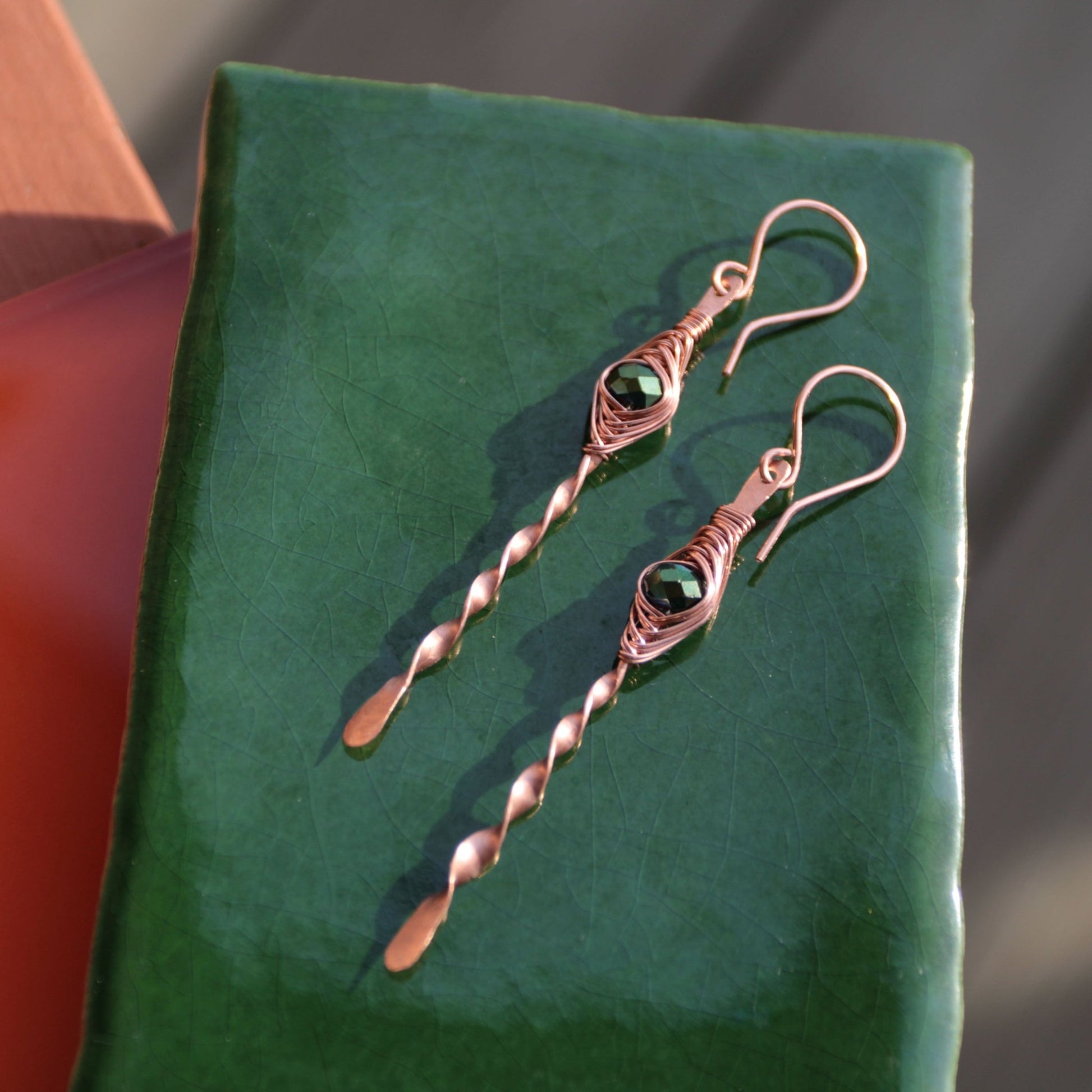 copper herringbone twist handmade earrings carrie foscato design USA