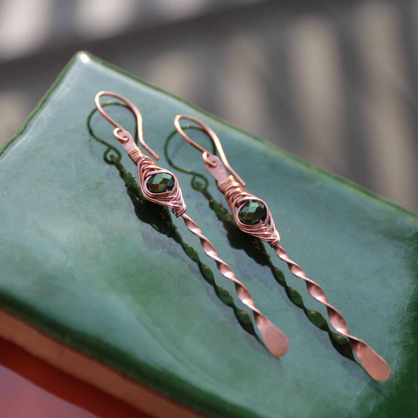 copper herringbone twist handmade earrings carrie foscato design USA