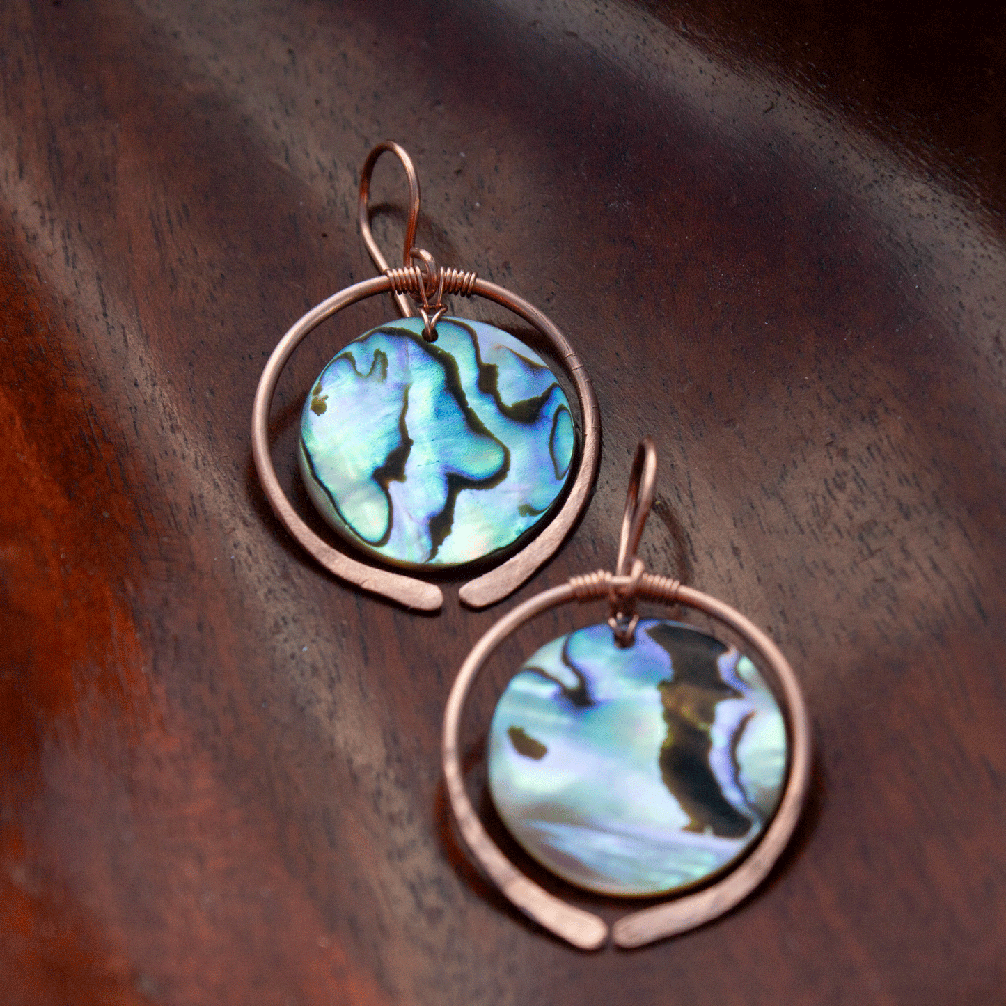 Copper hoop earrings with abalone shells handmade USA