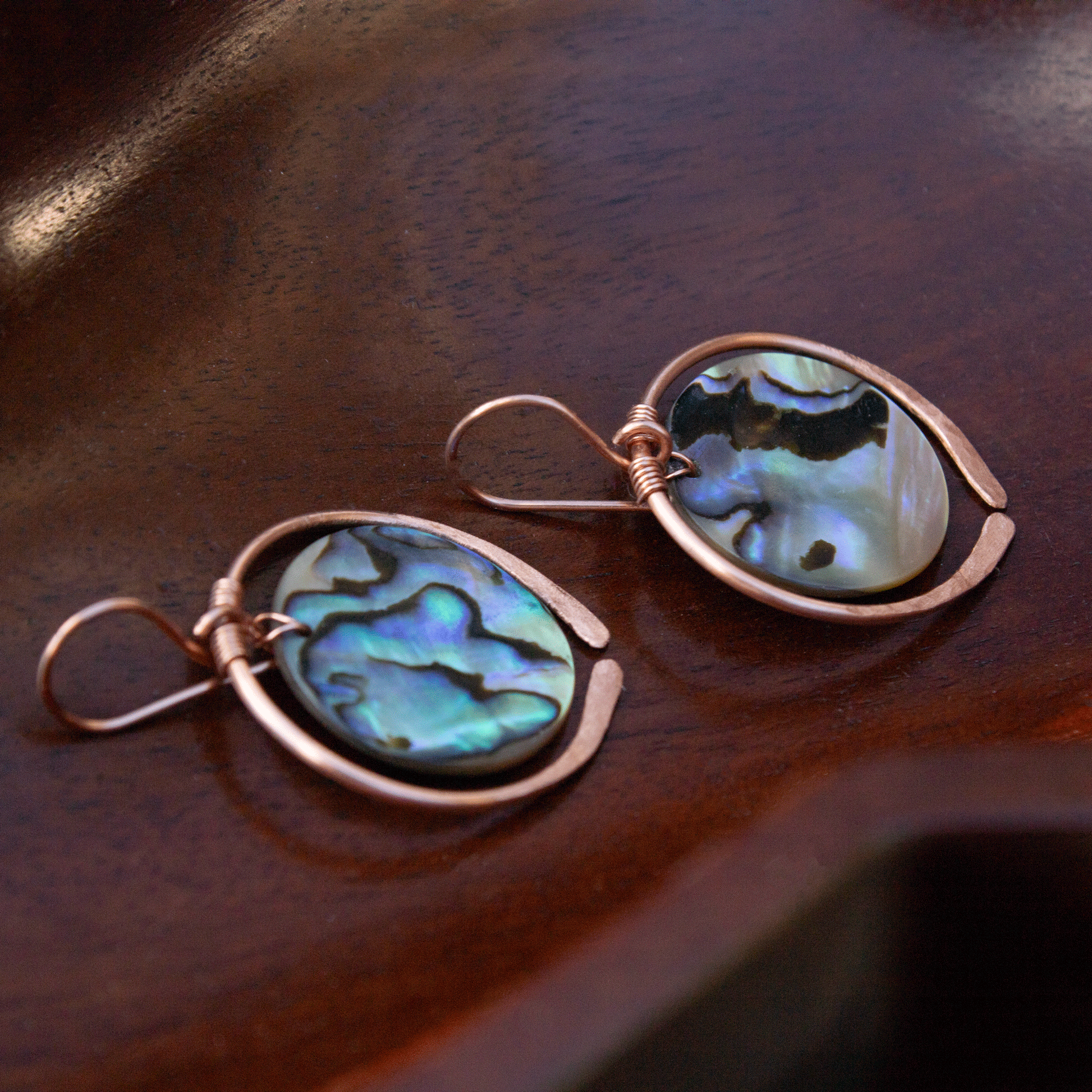 Copper hoop earrings with abalone shells handmade USA