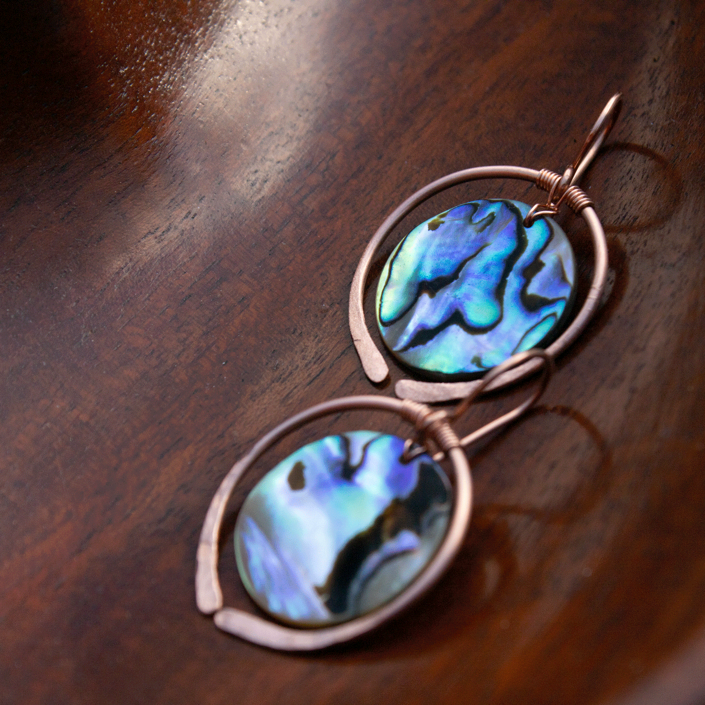 Copper hoop earrings with abalone shells handmade USA