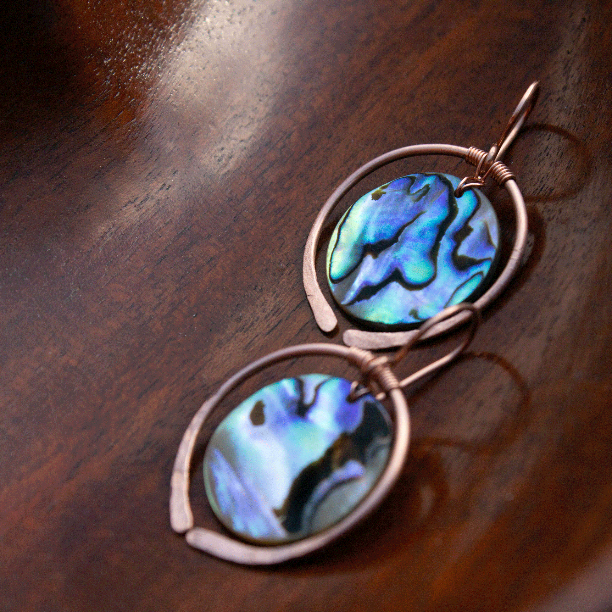 Copper hoop earrings with abalone shells handmade USA