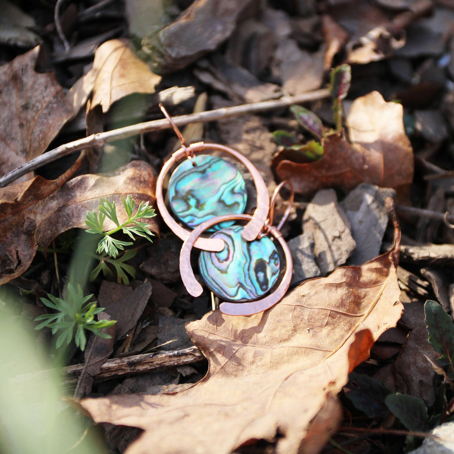 Copper Hoops Earrings with Abalone Shell