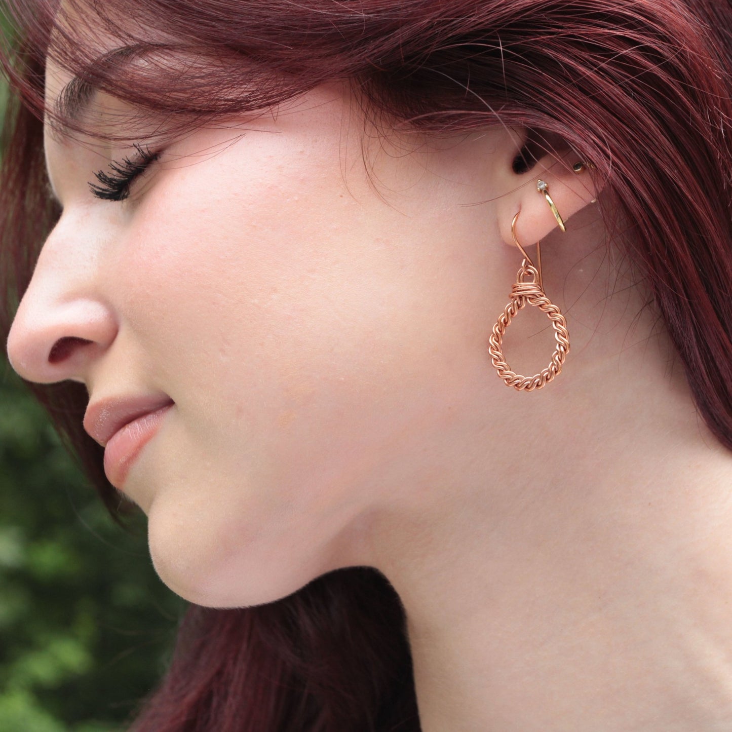 hand twisted copper hoop earrings with handmade french ear wires carrie foscato design USA