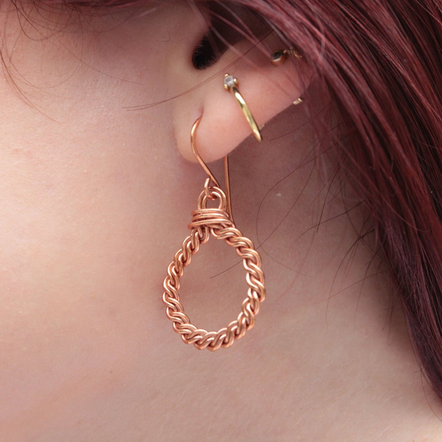 hand twisted copper hoop earrings with handmade french ear wires carrie foscato design USA