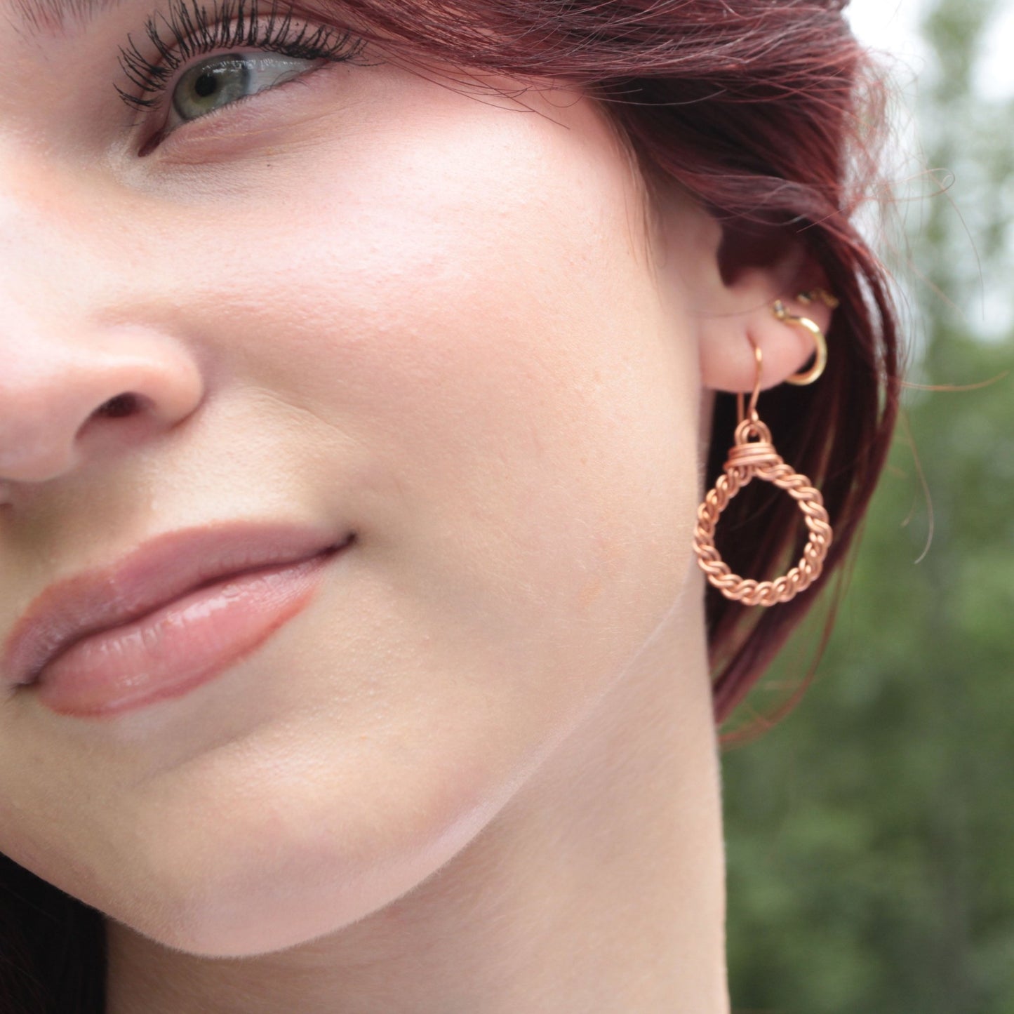 hand twisted copper hoop earrings with handmade french ear wires carrie foscato design USA