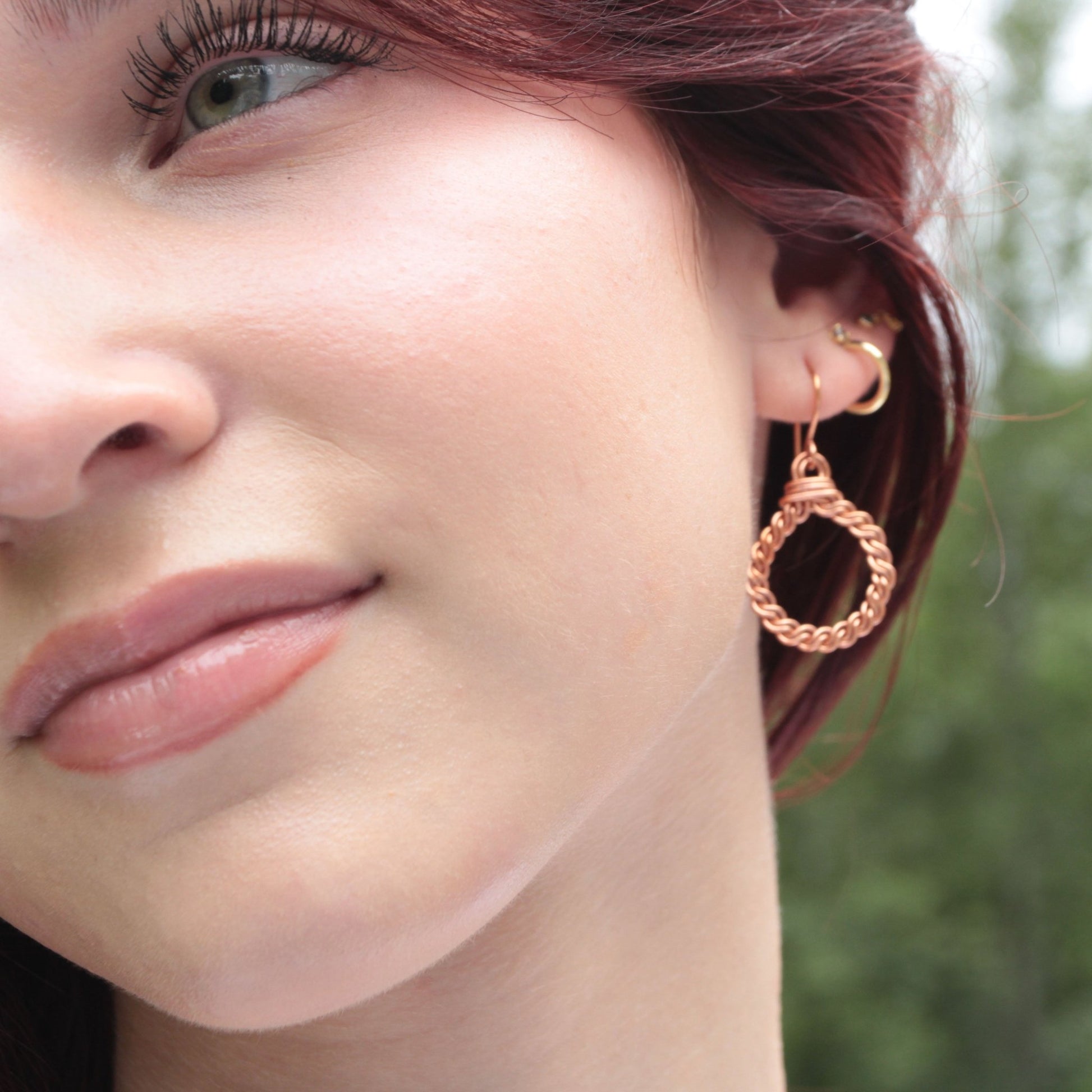 hand twisted copper hoop earrings with handmade french ear wires carrie foscato design USA