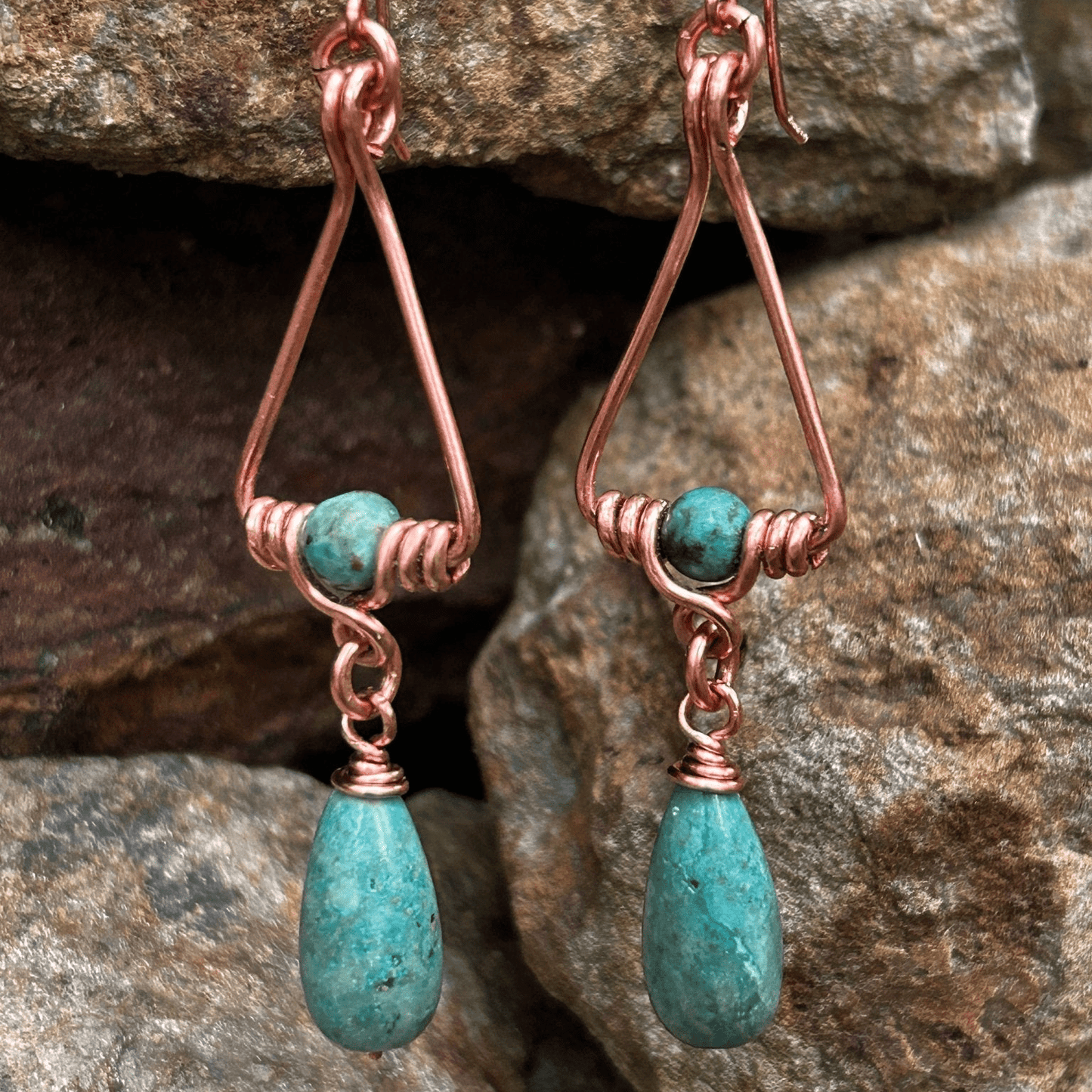 Copper Wire-wrapped Geometric Turquoise Earrings