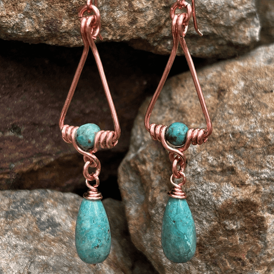 Copper Wire-wrapped Geometric Turquoise Earrings