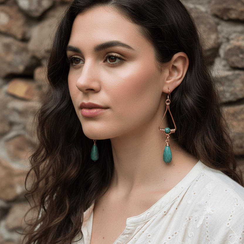 Copper Wire-wrapped Geometric Turquoise Earrings