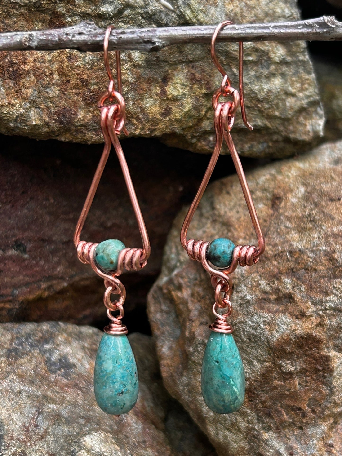 Copper Wire-wrapped Geometric Turquoise Earrings