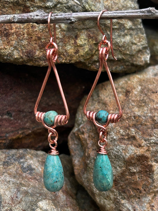 Copper Wire-wrapped Geometric Turquoise Earrings