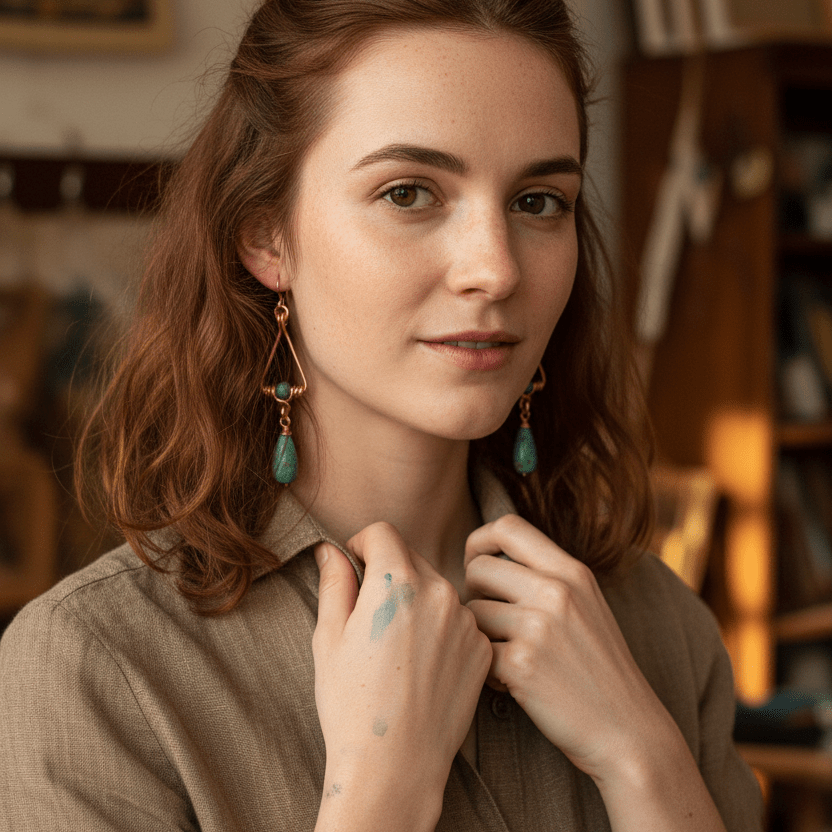 Copper Wire-wrapped Geometric Turquoise Earrings