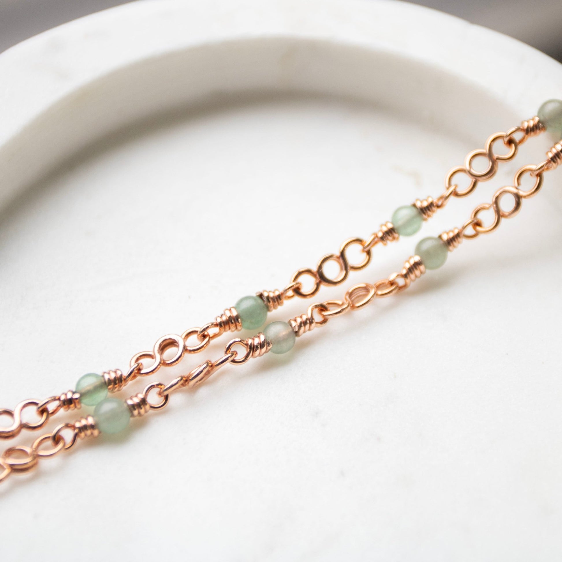 Doubled coiled clasp copper wire wrapped aventurine bracelet handmade USA