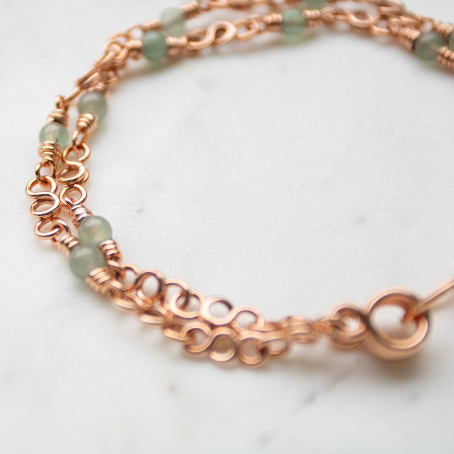 Doubled coiled clasp copper wire wrapped aventurine bracelet handmade USA