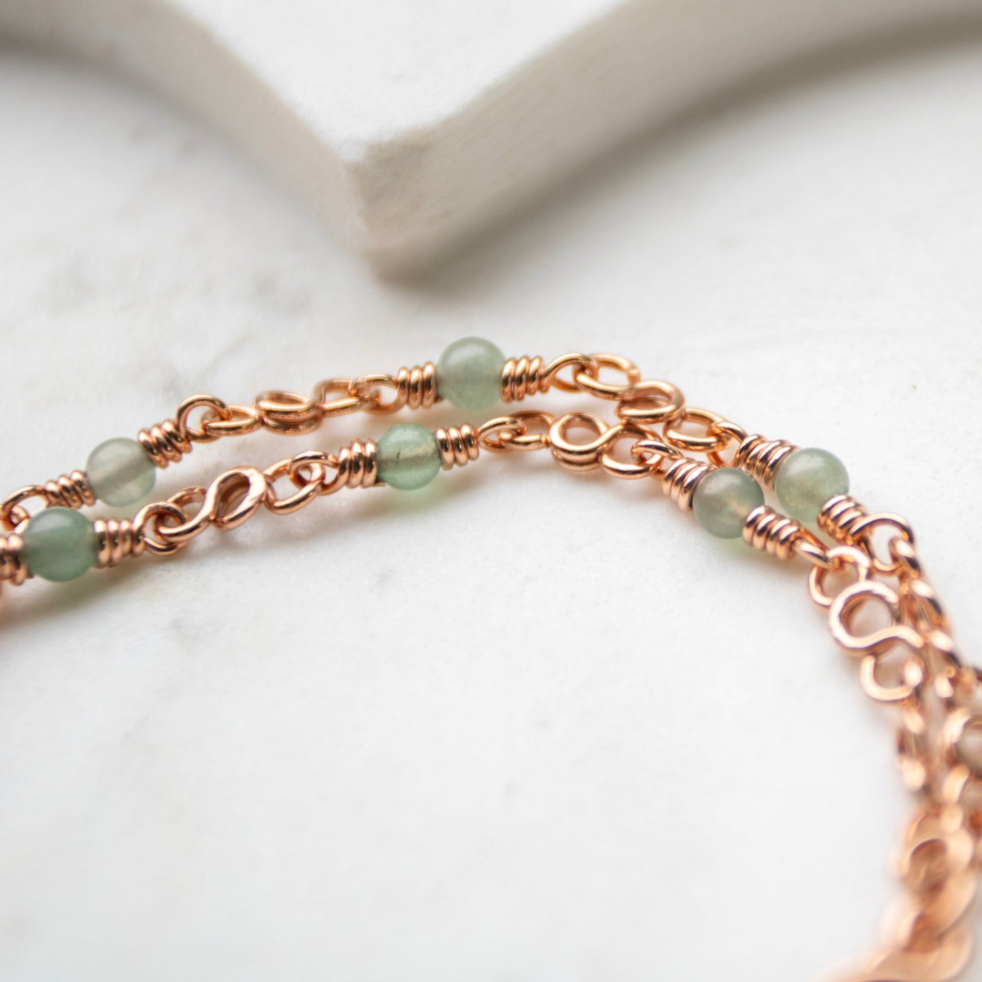 Doubled coiled clasp copper wire wrapped aventurine bracelet handmade USA