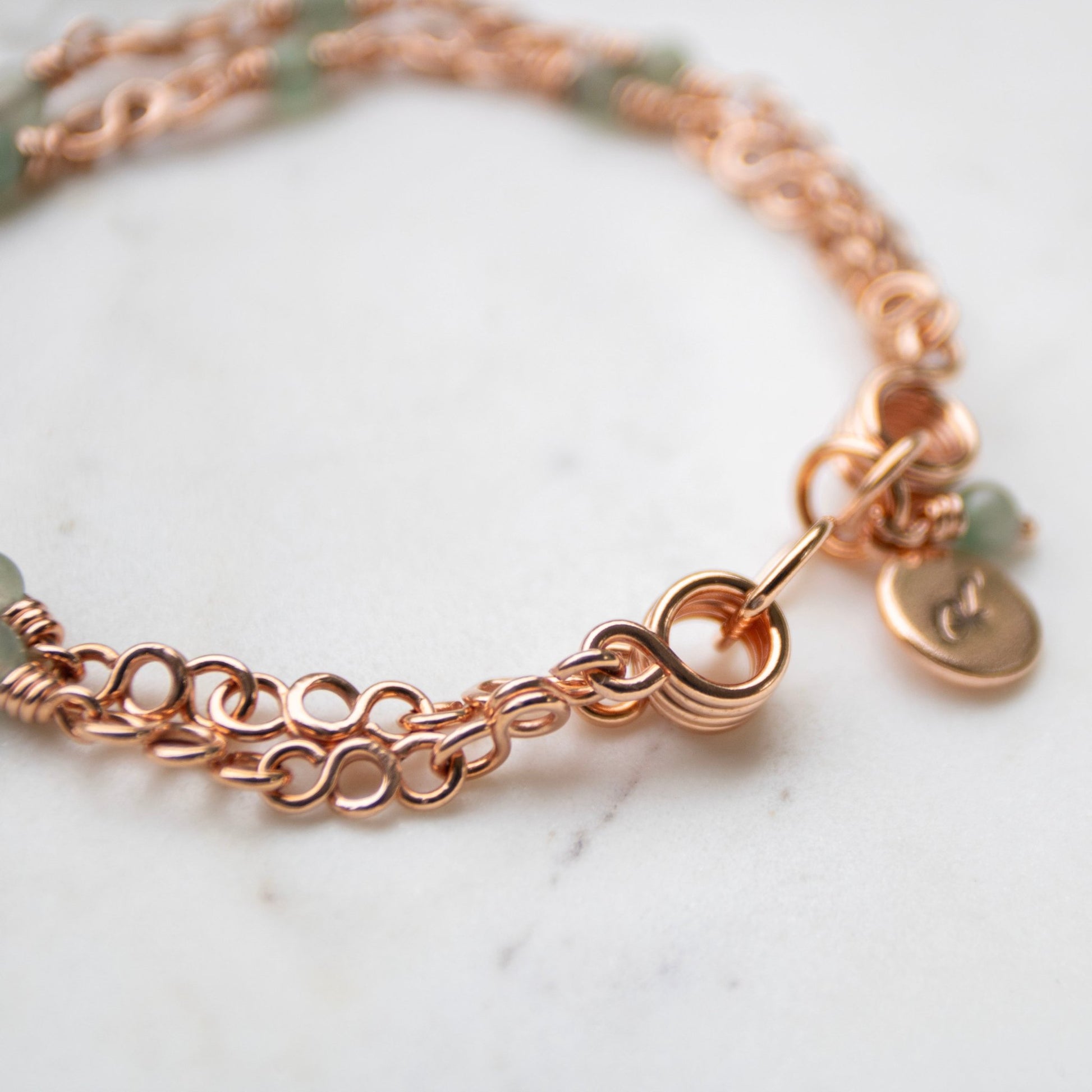 Doubled coiled clasp copper wire wrapped aventurine bracelet handmade USA