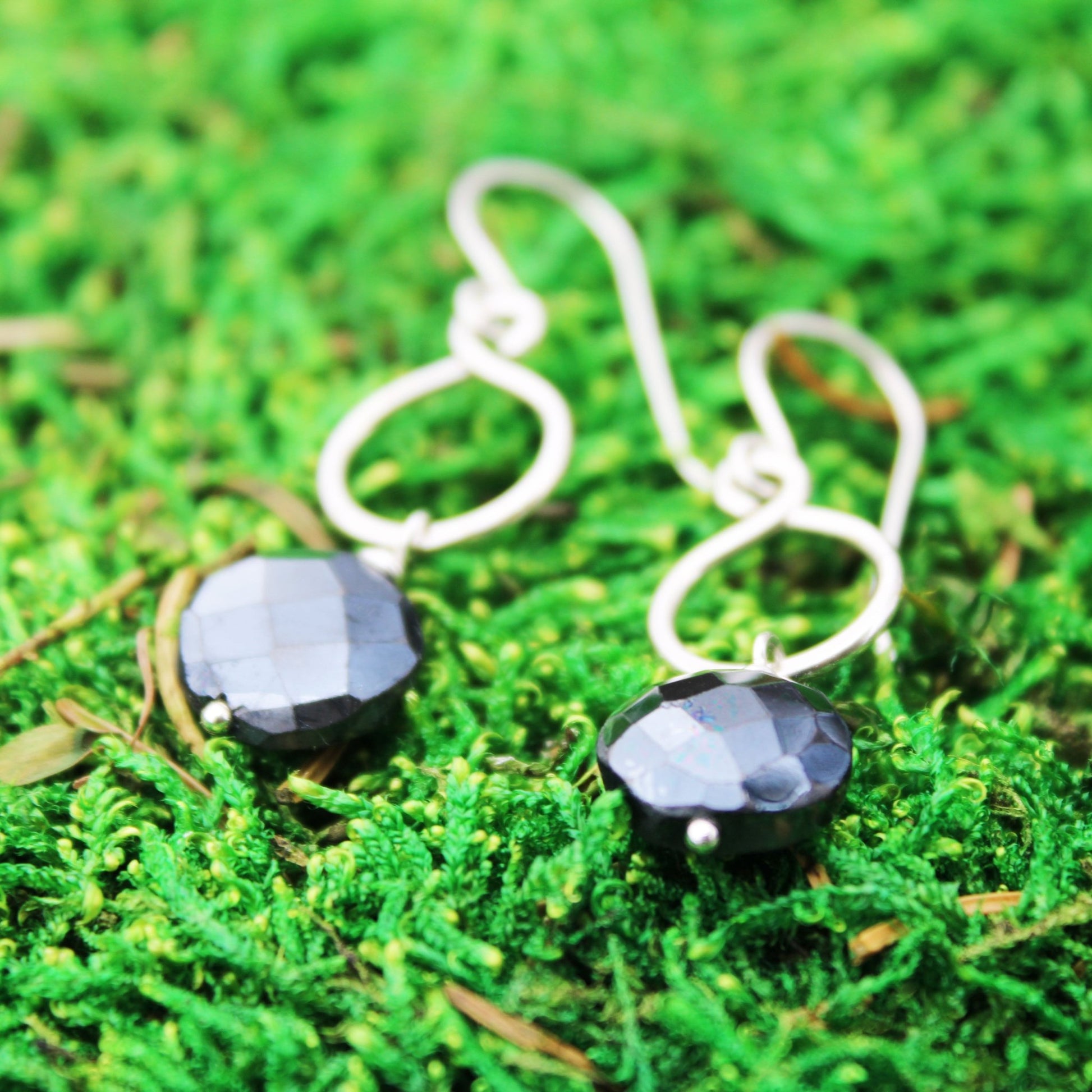 Sterling Silver Figure-8 earrings featuring Midnight Faceted Spinel Gemstone
