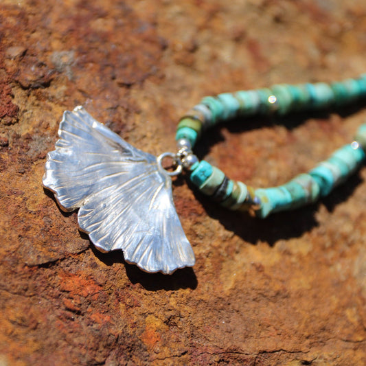 Fine Silver Ginkgo Leaf and Turquoise Heishi Bead Necklace