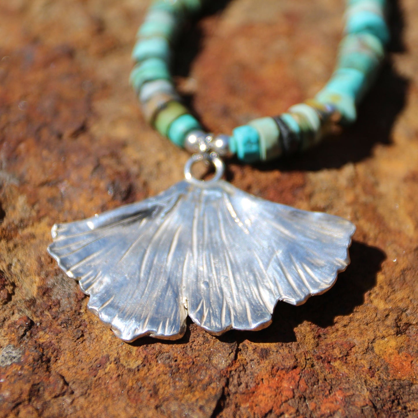 Fine Silver Ginkgo Leaf and Turquoise Heishi Bead Necklace