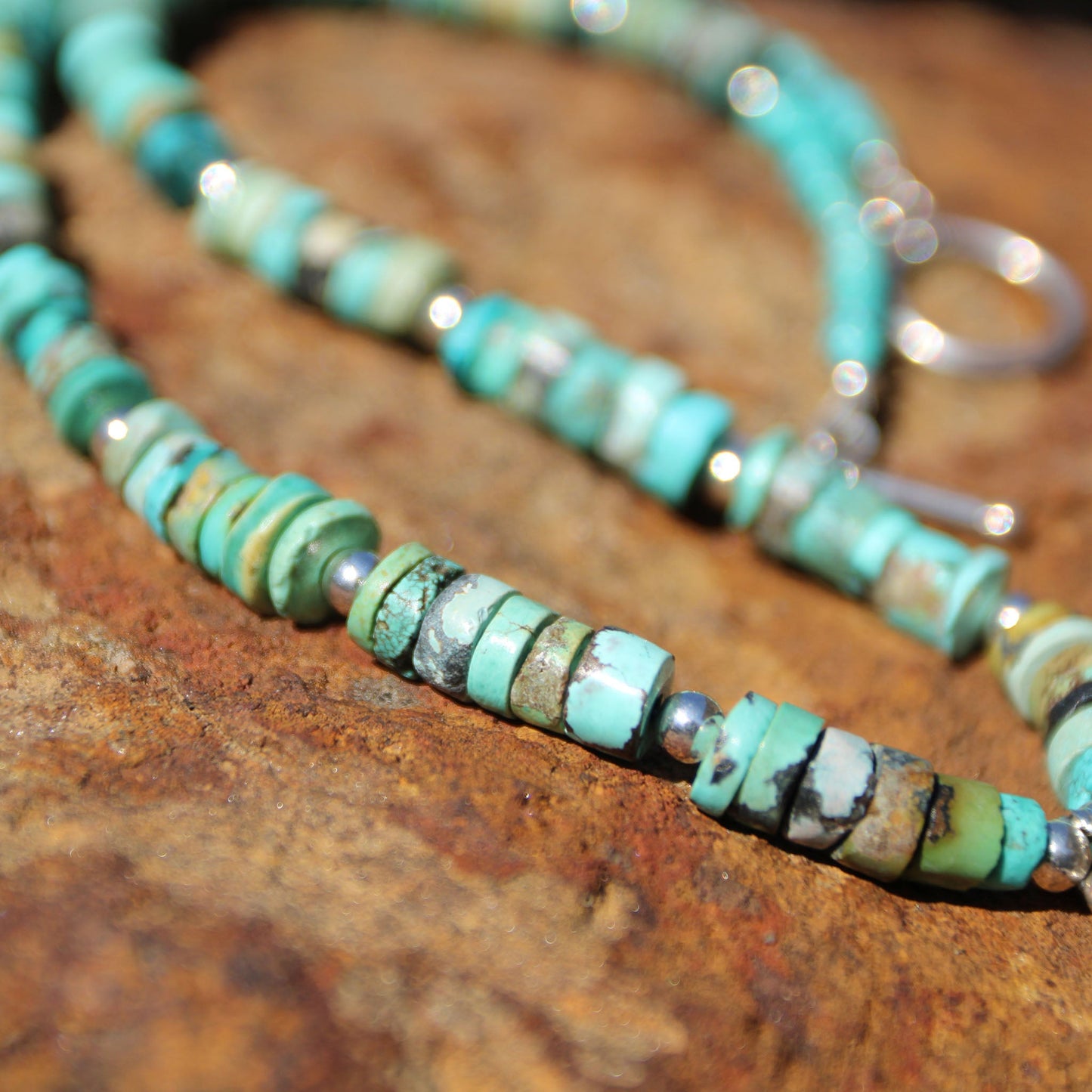 Fine Silver Ginkgo Leaf and Turquoise Heishi Bead Necklace