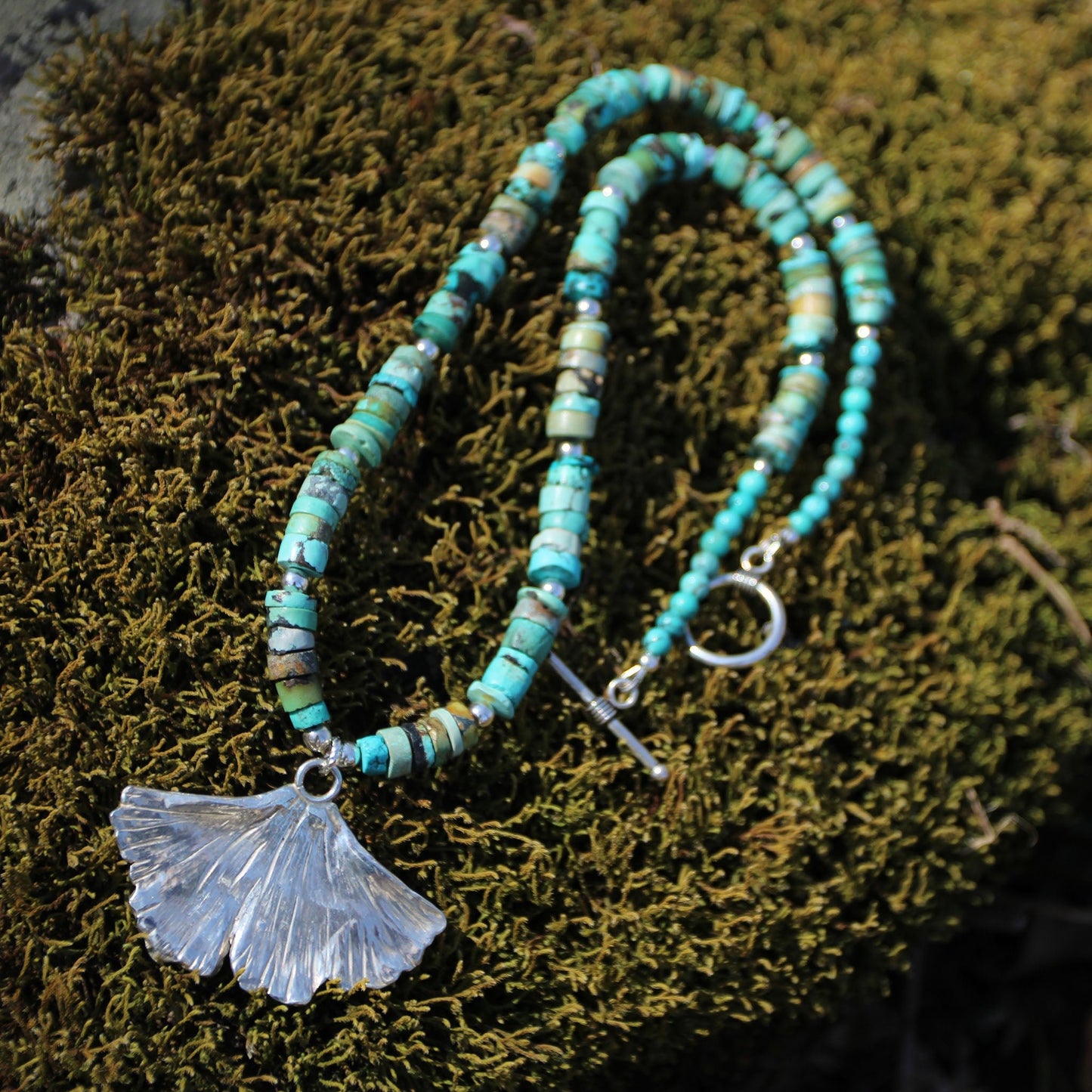Fine Silver Ginkgo Leaf and Turquoise Heishi Bead Necklace