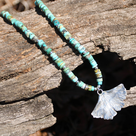 Fine Silver Ginkgo Leaf and Turquoise Heishi Bead Necklace