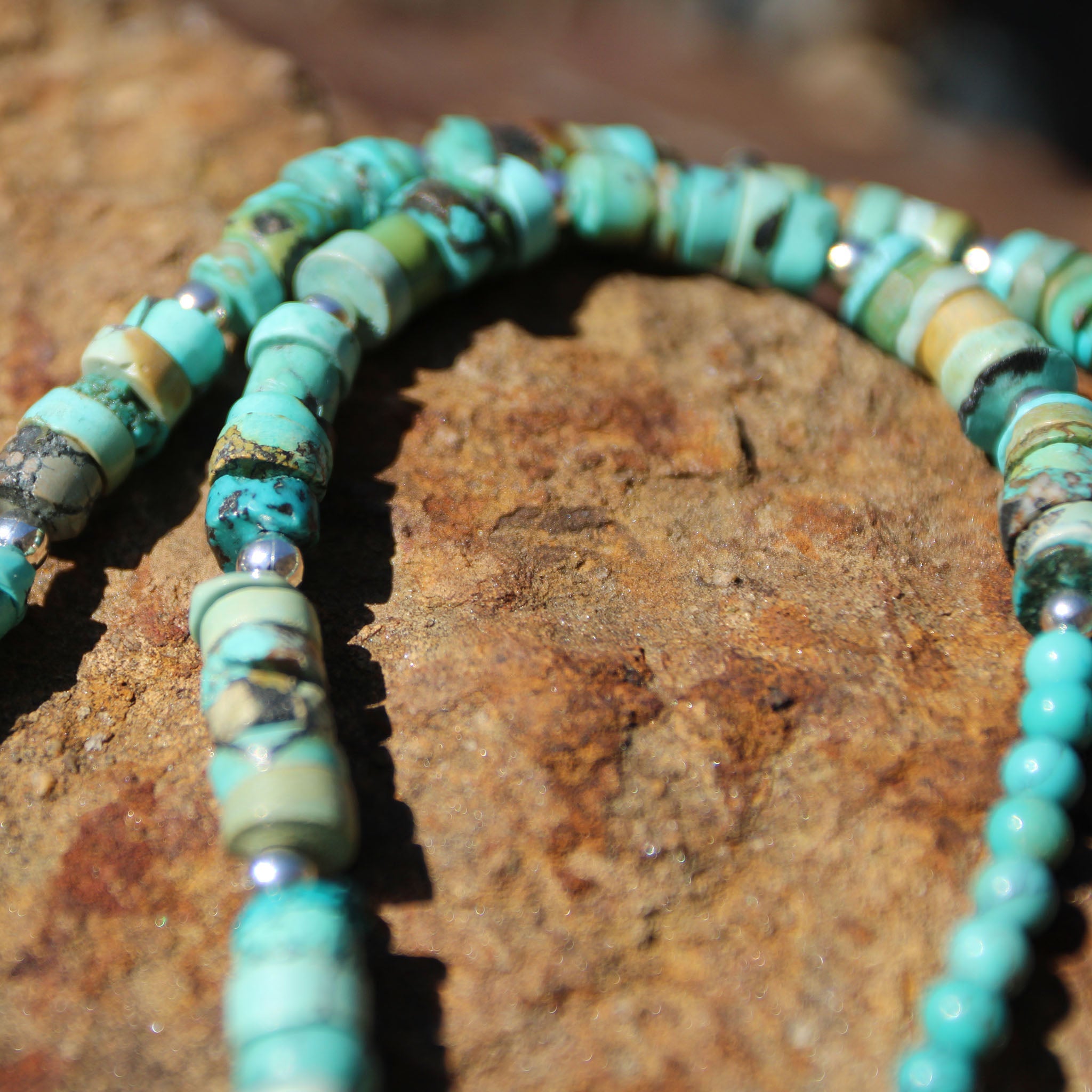 Fine Silver Ginkgo Leaf and Turquoise Heishi Bead Necklace