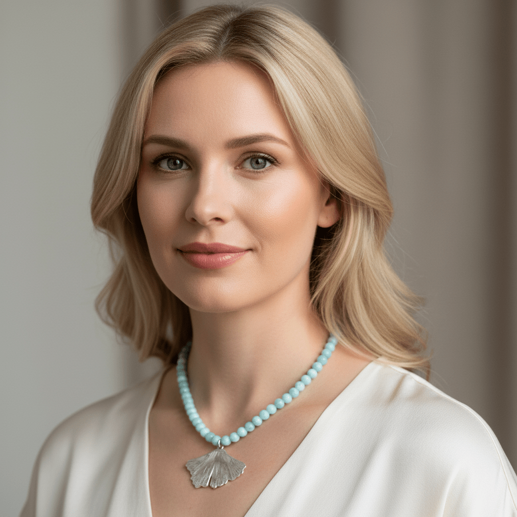 Fine Silver Ginkgo Leaf Necklace with Larimar Beads