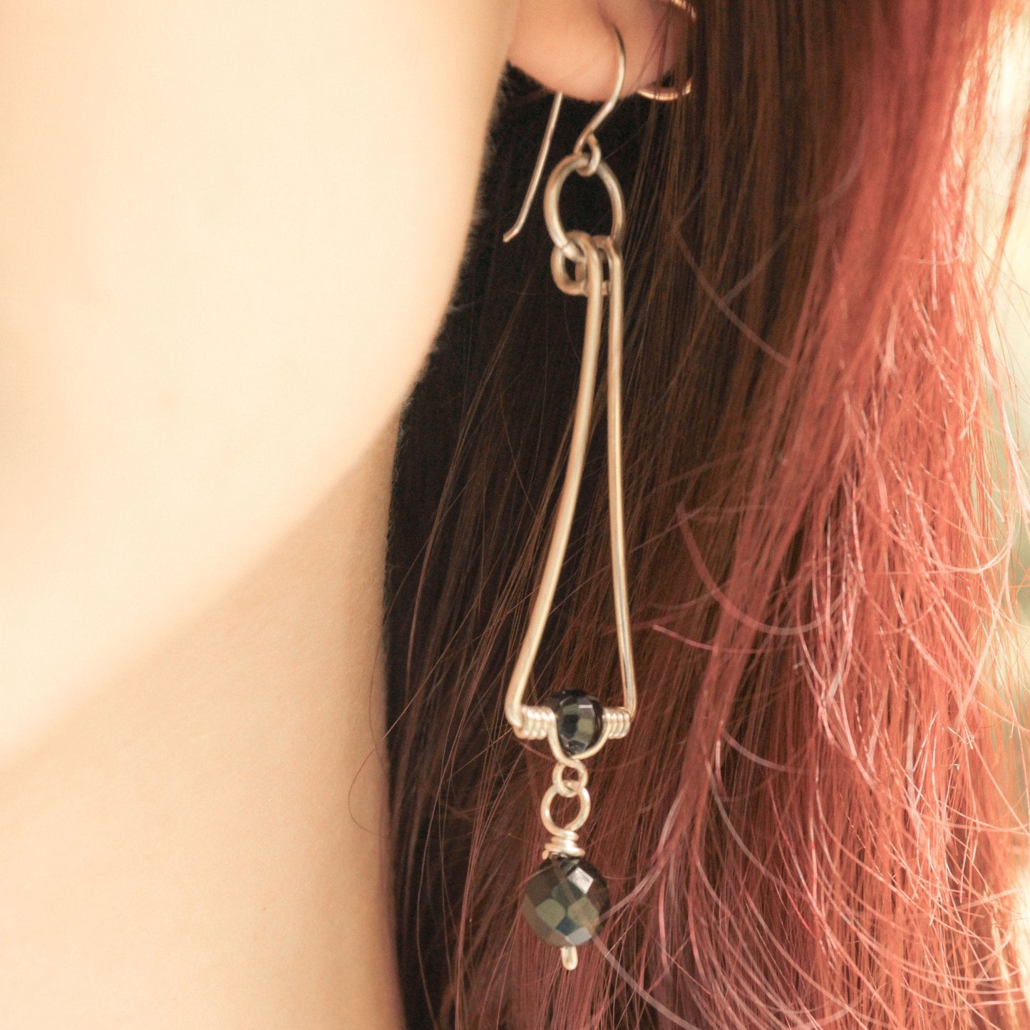 Geometric Long Earrings with Black Onyx | Sterling Silver