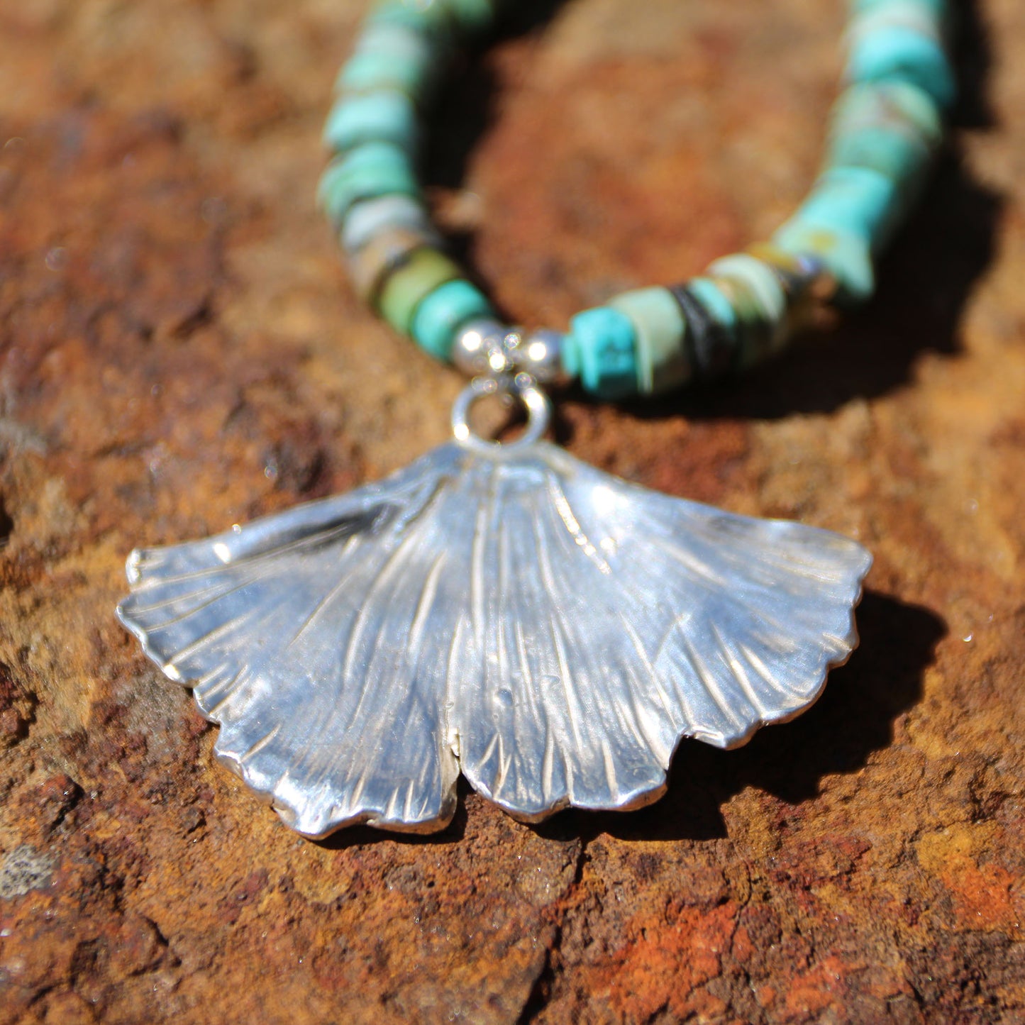Fine Silver Ginkgo Leaf and Turquoise Bead Necklace