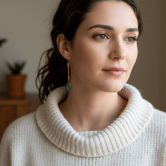 handmade hammered copper earrings with labradorite briolette stones. carrie foscato design made in USA