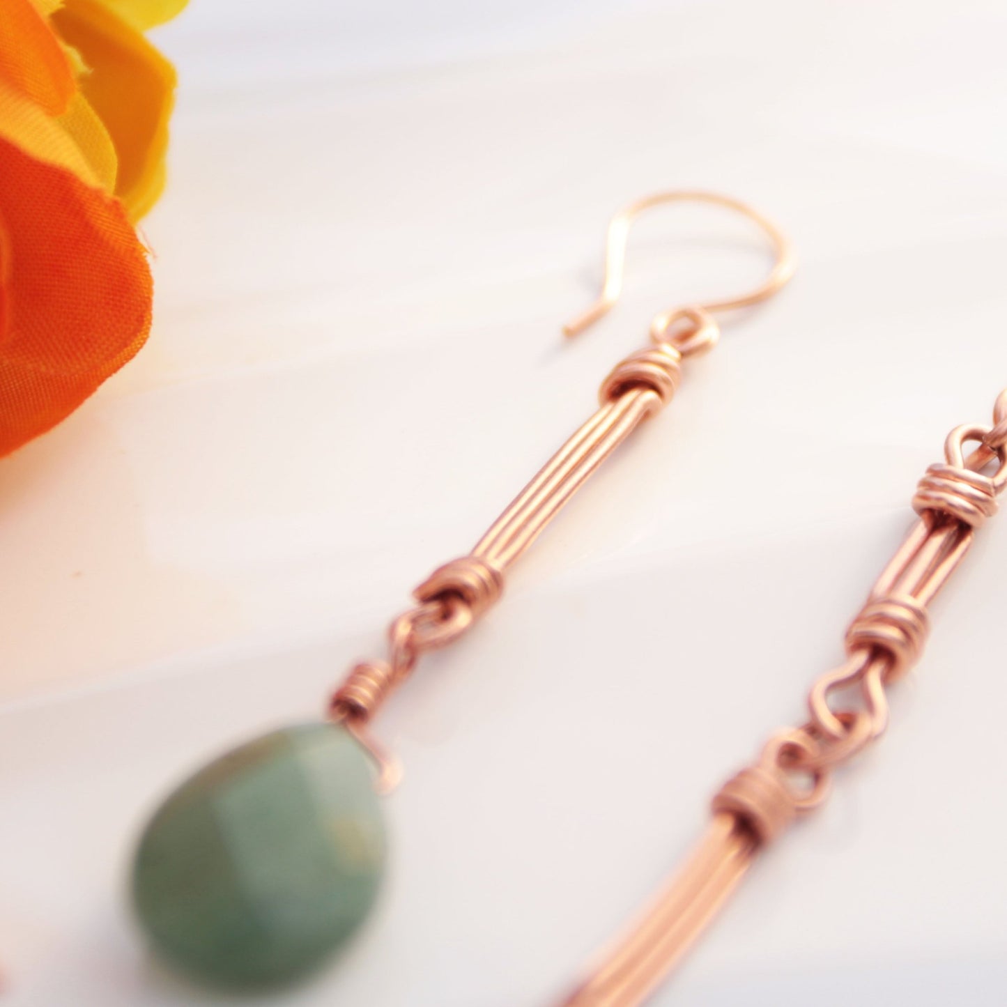 Handcrafted Copper Earrings with Faceted Aventurine Drops – Earthy and Elegant Design