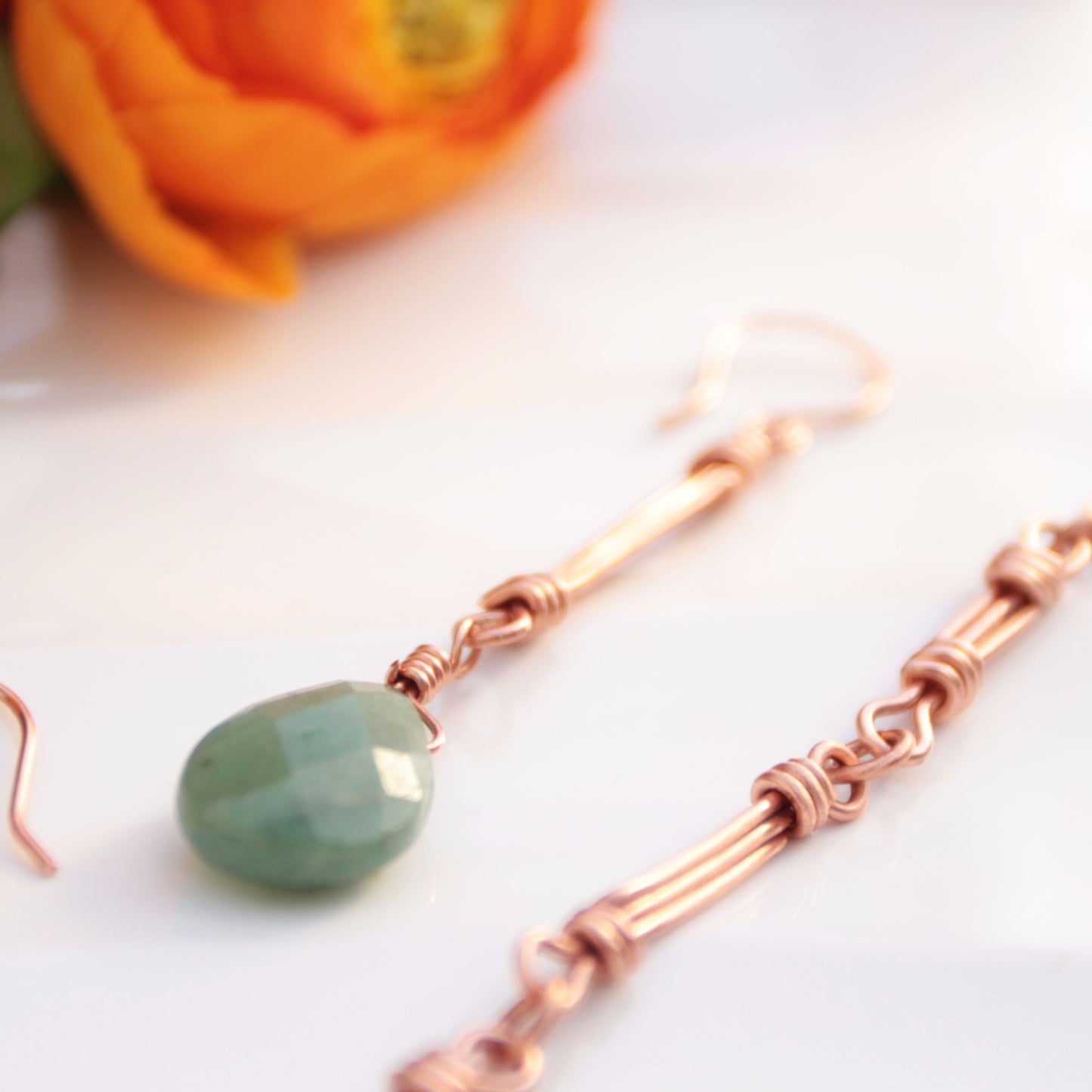 Handcrafted Copper Earrings with Faceted Aventurine Drops – Earthy and Elegant Design