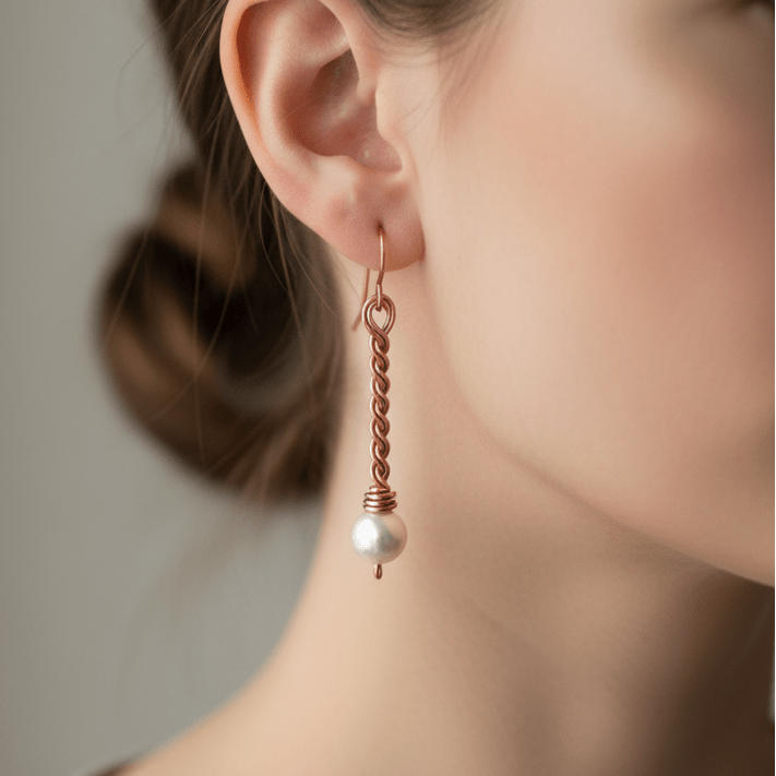 1.5" long solid copper twisted earrings with pearl accent carrie foscato design