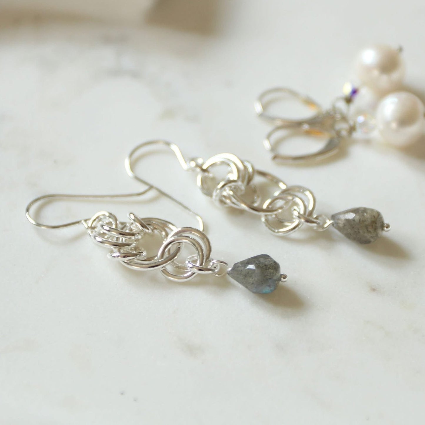 Handmade Sterling Silver Labradorite Earrings - Unique Chain Maille Design